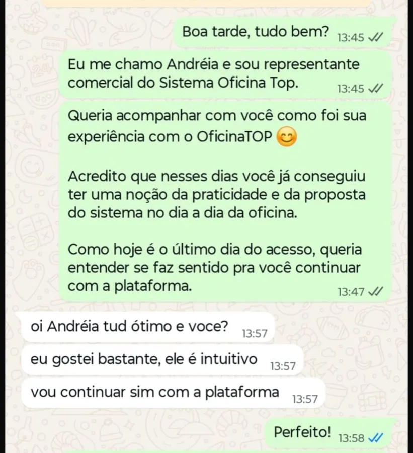 Depoimento real da Fabinho Auto Center no WhatsApp